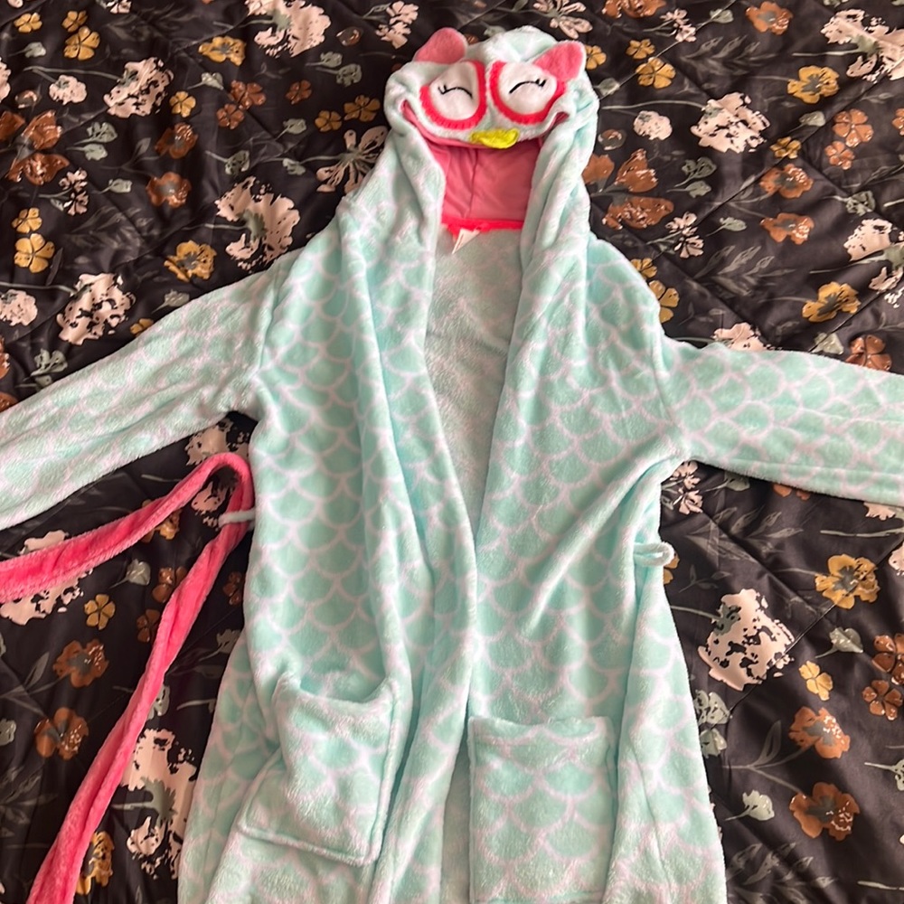 Kids/can fit adult S, Owl bathrobe soft material with cute hood and pink belt